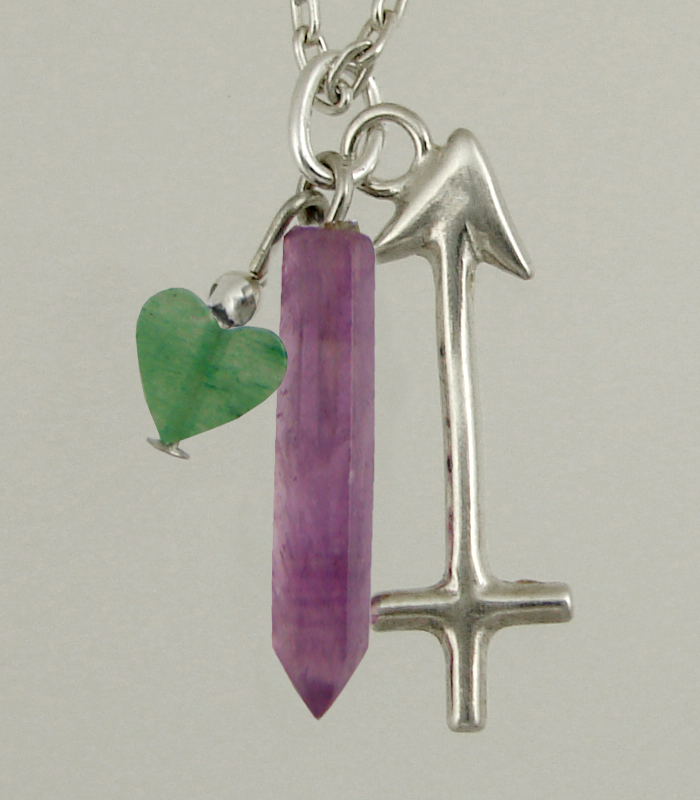 Sterling Silver Sagittarius Pendant Necklace With an Amethyst Crystal And Green Heart